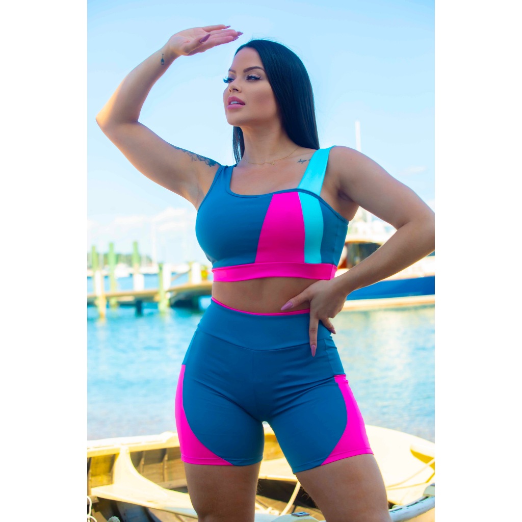 Conjunto Fitness Academia Detalhe Colorido (Bermuda + Top C/Bojo) 10998/10997 em Oferta na Shopee