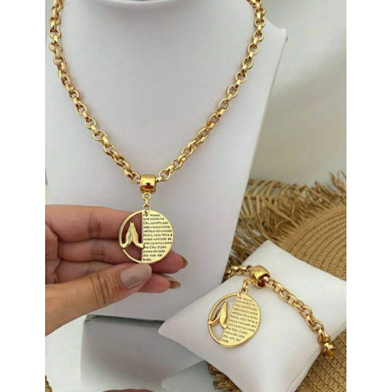 Colar e Pulseira Moeda Antiga Medalha Pai Nosso Elos.