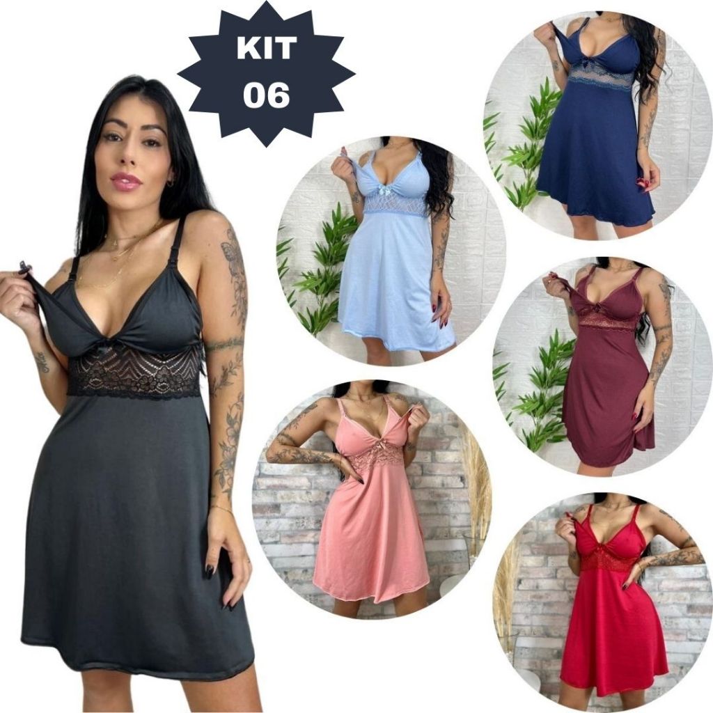 KIT 06 Camisolas Amamentação com Detalhe em Renda Saída Maternidade Grávida Gestante Lactante.
