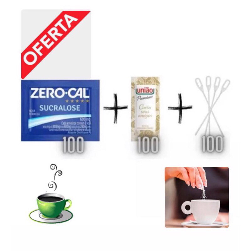 Açucar Uniao Sache + Adoçante Zero Cal Sucralose + Mexedor Cafe 8,5cm em Oferta na Shopee