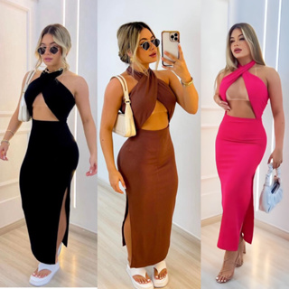 Vestido Sensual Longo Midi Feminino Tecido Ribana Canelado com Fenda na Lateral Vazado nas Costas | Frete grátis em Oferta na Shopee