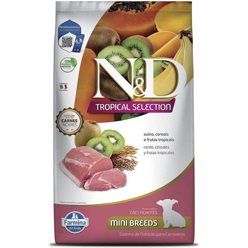 N&D 2,5kg Tropical Filhote Suíno, Cereais e Frutas Tropicais Cães Filhotes Raças Minis Ração