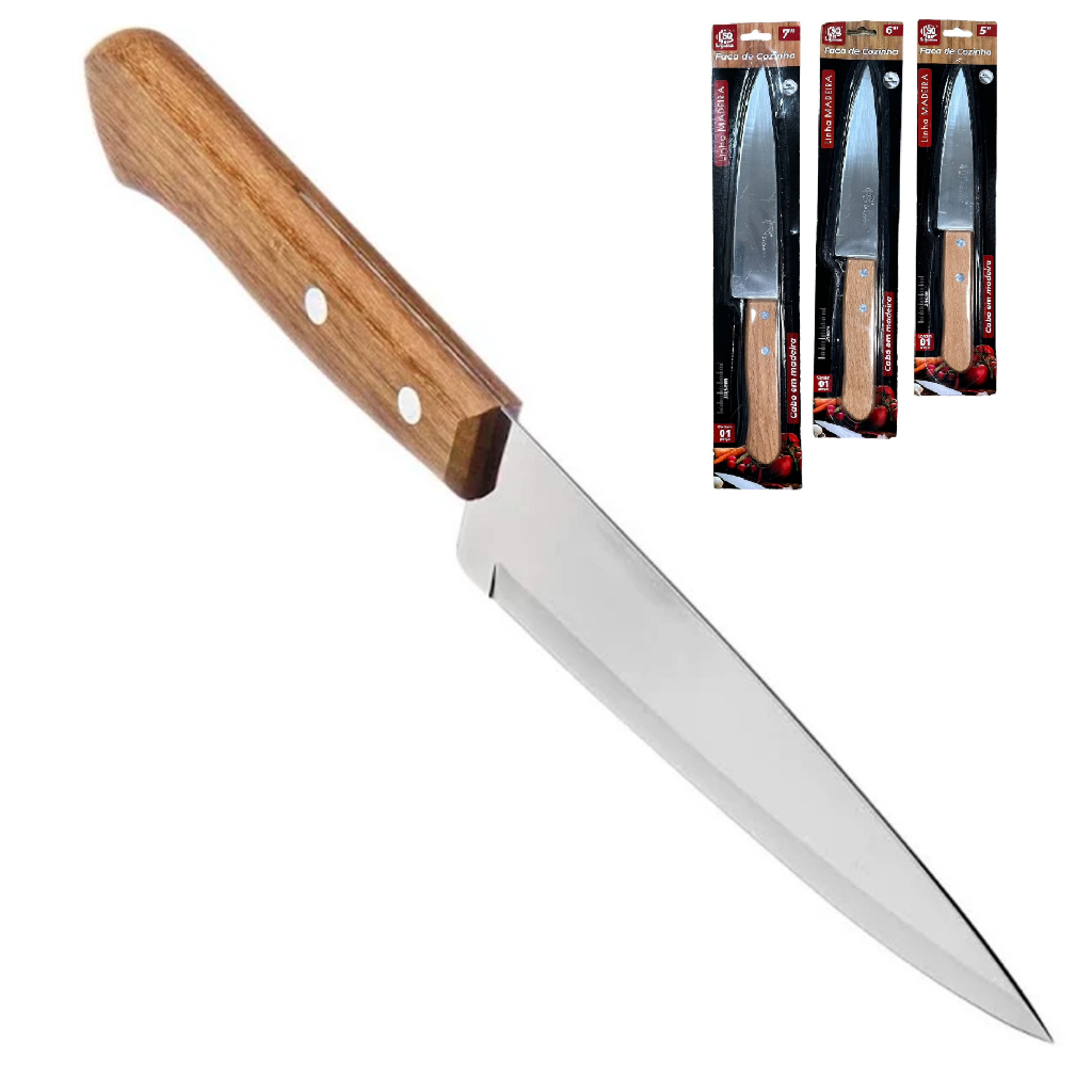 Faca de Cozinha Aço Inox Cabo de Madeira Carne Salada Legumes Churrasco em Oferta na Shopee