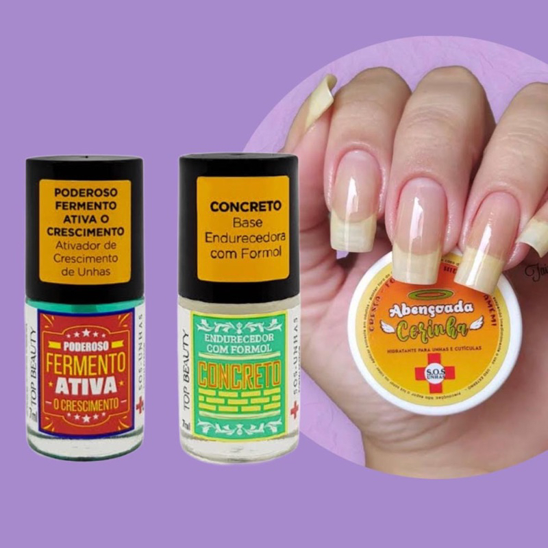 Kit 2 Esmalte Tratamento da Unhas Top Beauty Concreto e Fermento Ativo + Cerinha Abençoada