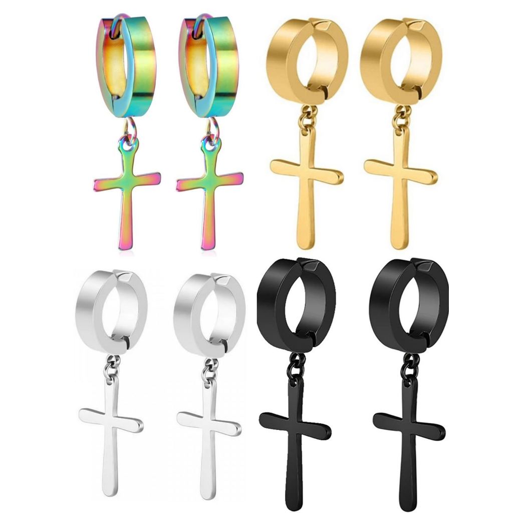 Brinco de Pressão Cruz - Argola com Cruz - Brinco Masculino de Pressão - Não Precisa de Furo Par