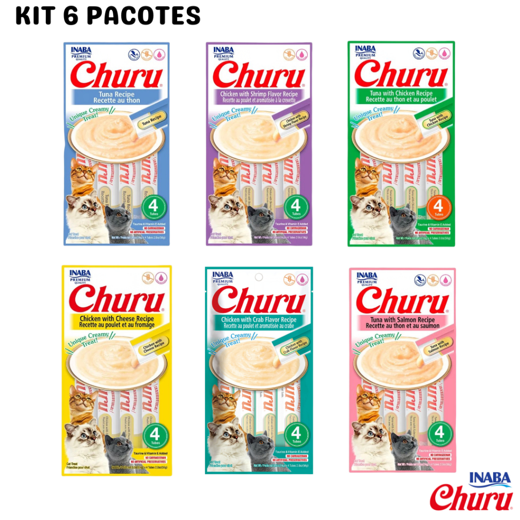 Petisco para Gatos Purê Churu Inaba Kit com 6 Pacotes Variados 56g cada