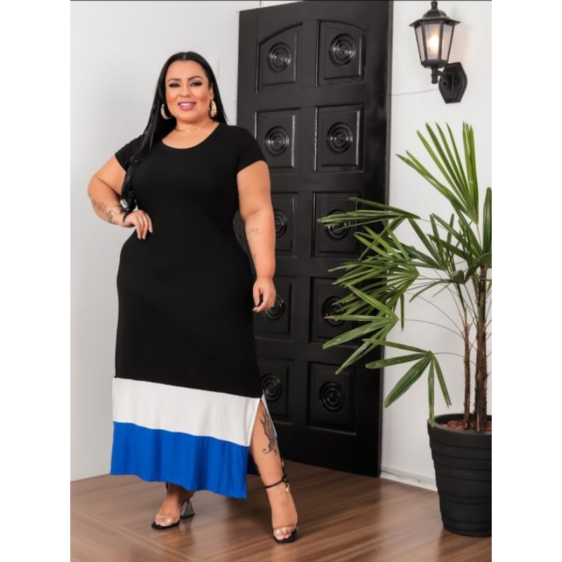 (03 ref.) Vestido  longo feminino bicolor tamanho único e plussais gola casual manga curta