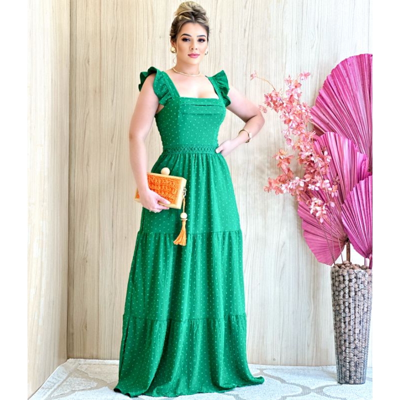 Vestido Longo  com babada na manga e renda na cintura 0305 em Oferta na Shopee