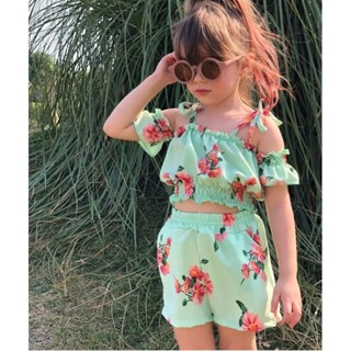Conjunto Infantil Moda Verão para Menina Cropped e Short Floral [NOVAS CORES] Tendência 2023 (4 ao 12) Envio Imediato