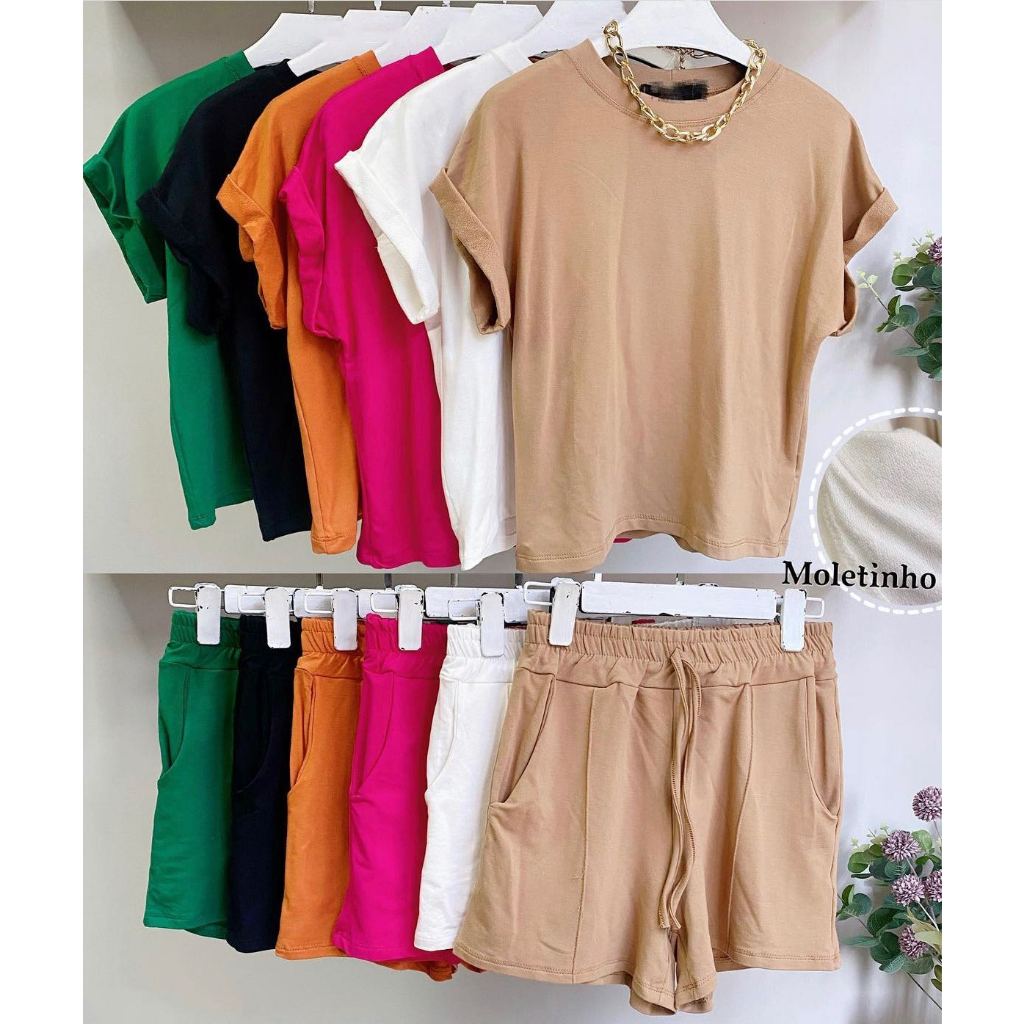 conjunto feminino blusa + short  moletinho em Oferta na Shopee