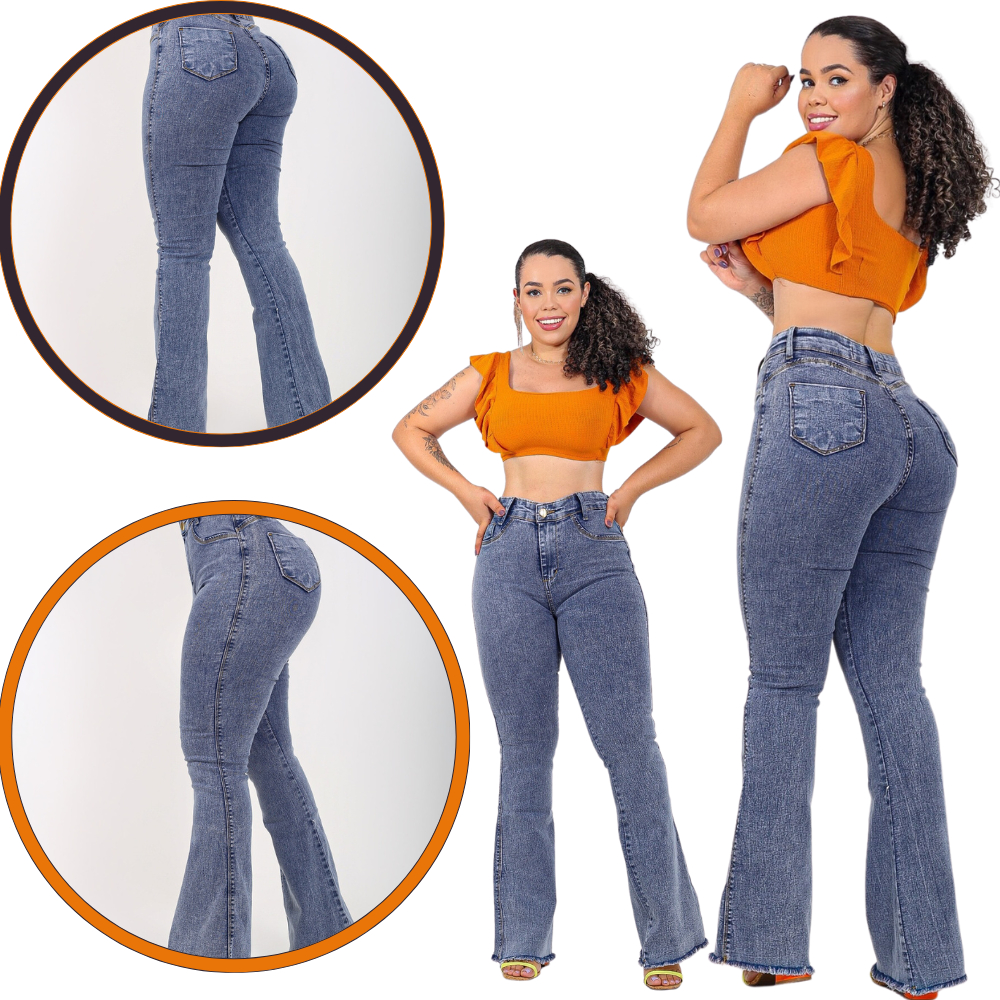 Calça  Flare Jeans Feminina Com Elastano Cintura Alta Efeito Levanta Bumbum em Oferta na Shopee