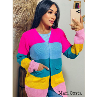 Blusa Feminina Kimono Modelo Cardigan Colorida Tricot Manga Longa Moda Em Alta inverno crochê em Oferta na Shopee