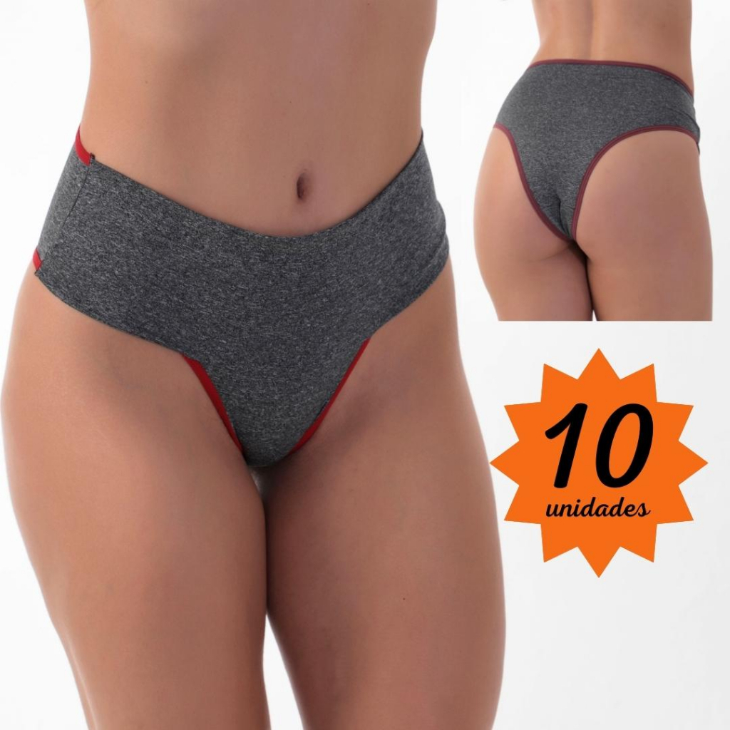 Kit 10 Calcinha Cintura Alta Modeladora Cós Duplo Reforçada Fitness CL1040