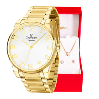 Relógio Champion Feminino Analógico Elegance Dourado + Kit Colar e Brincos Original À Prova d