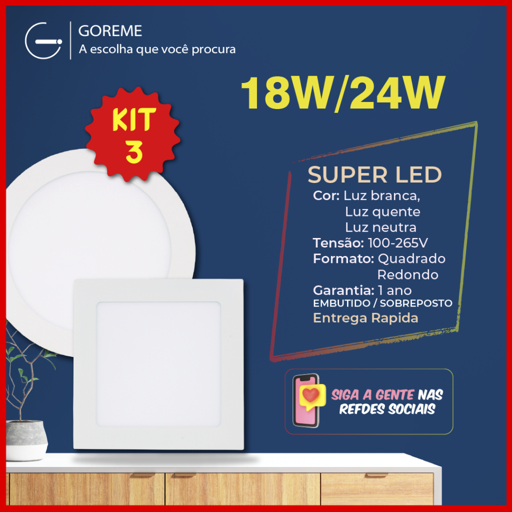 Kit 3 Luminária Painel Plafon Led Alumínio Embutido | Sobrepor |  18W~24W | Branco Frio | Branco Quente | Luz Neutra - Home & Living