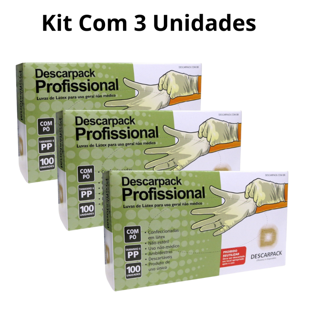 Kit 300 Luva Descartável Látex C/ Pó - PP,P,M,G (Cx C/ 100 un)