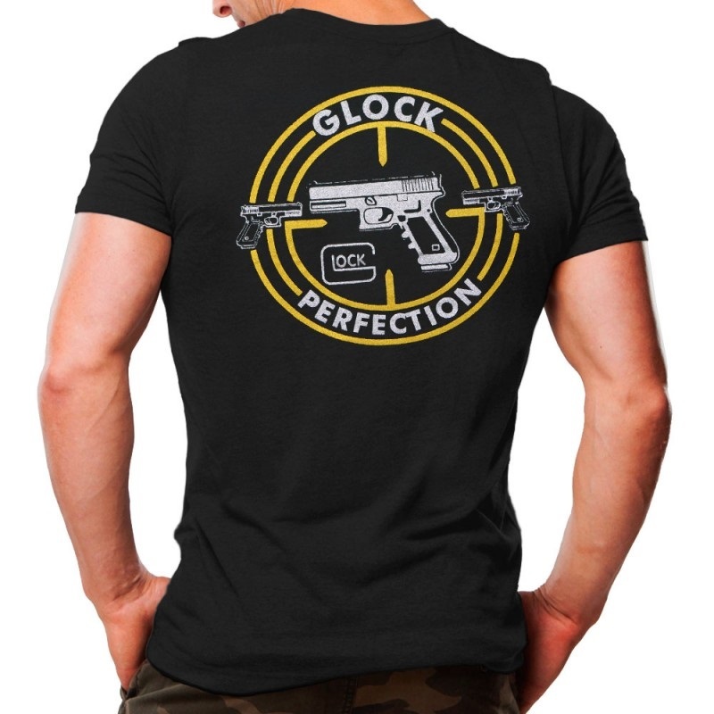 Camiseta Casual Manga Curta Preta - Glock Perfection - Estampa Branca / Amarela