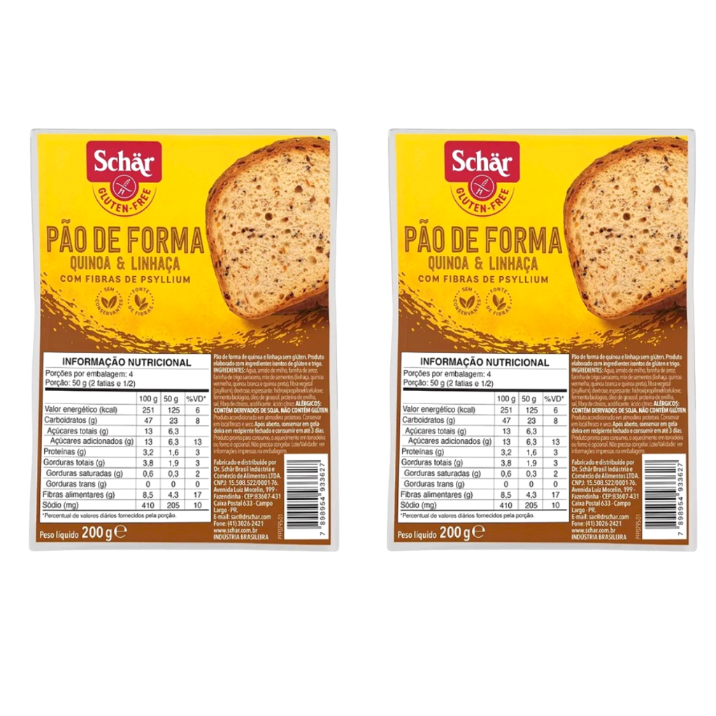 Kit 2 Pão de Forma de Quinoa e Linhaça Sem Glúten 200 g Schar