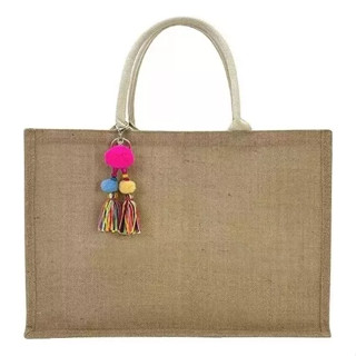 Bolsa de praia de palha de juta feminina com chaveiro Sacola Ecobag