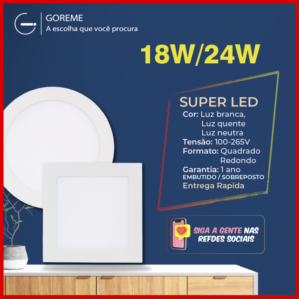 Luminária Painel Plafon Led Alumínio Embutido | Sobrepor |  18W~24W | Branco Frio | Branco Quente | Luz Neutra em Oferta na Shopee