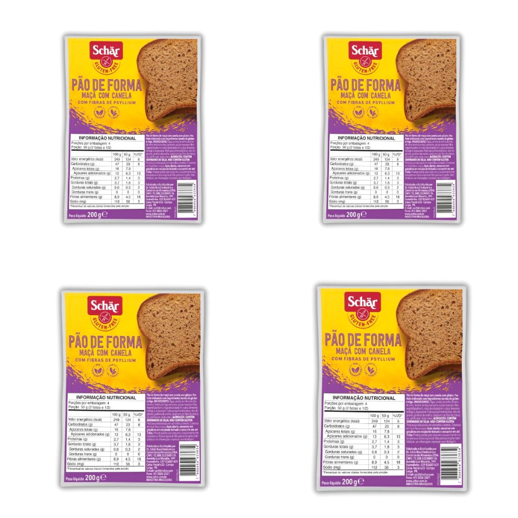 Kit 4 Pão de Forma de Maça e Canela Sem Glúten 200 g Schar