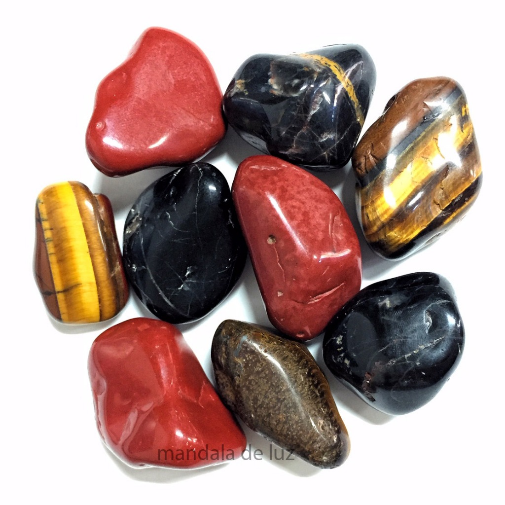 Kit de 9 Pedras Proteção - Olho de Tigre, Ônix e Jaspe Vermelho Cristais Naturais Rolados - M