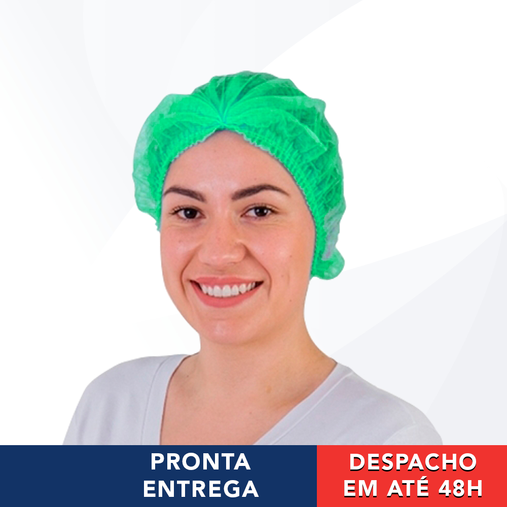 100 Toucas De TNT Sanfonada Com Elástico Verde Descartável 48cm - Prevemax