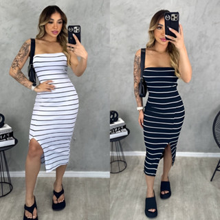 Vestido Com Fenda Lateral Tomara Que Caia Listrado Bicolor Maxi Midi Feminino Básico Reto Canelado Festa