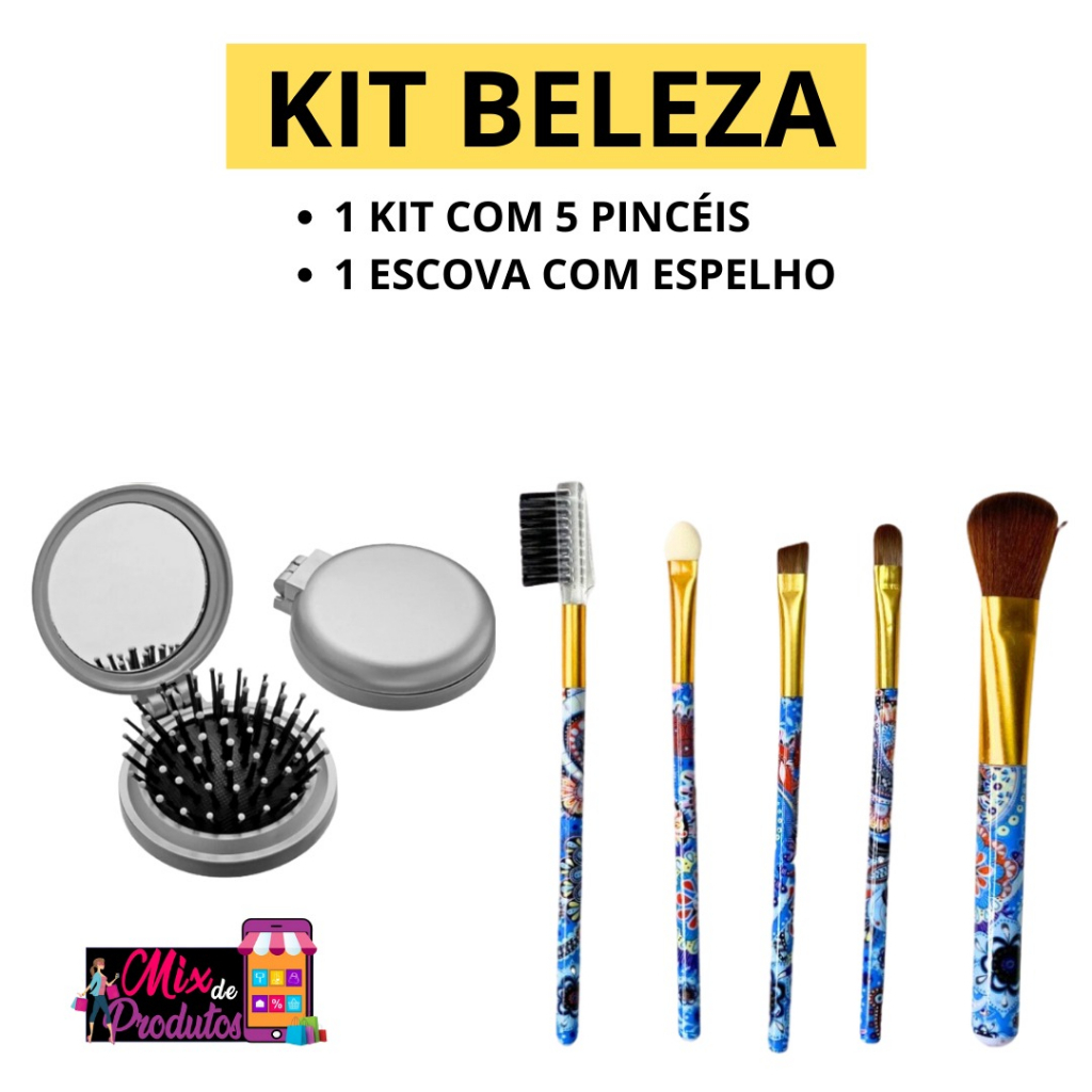 Kit 5 Pincéis Pincel Maquiagem + Escova de Cabelo Espelho Bolsa