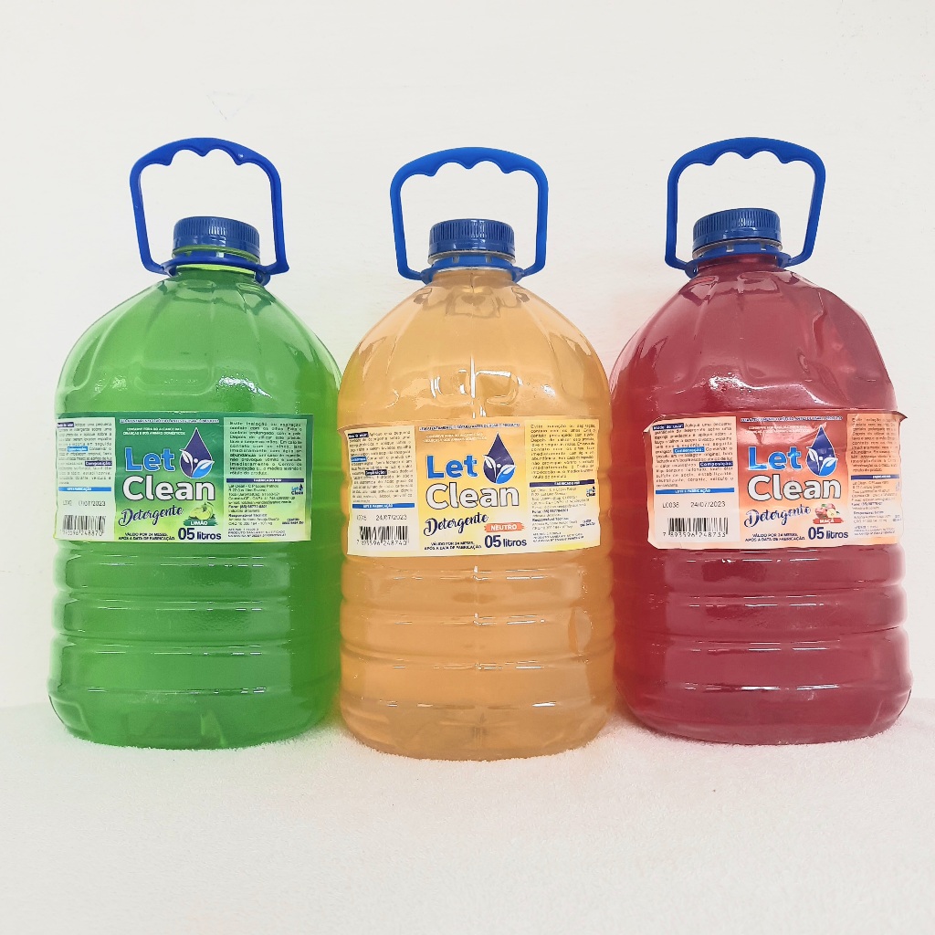 Kit 1 Lava Louças Líquido Detergente Let Clean 5L Verde Limão + 1 Lava Louças Líquido Detergente Let Clean 5L Neutro Amarelo + 1 Lava Louças Líquido Detergente Let Clean 5L Vermelho Maçã