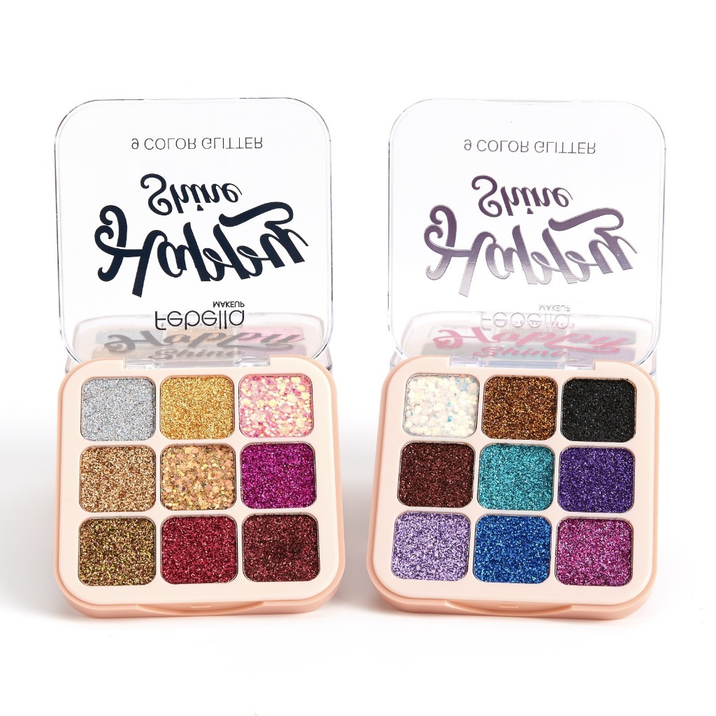 Sombras Glitter Paleta com 9 Cores Pigmentadas Happy Shine Folhas Brilhantes Para Maquiagem Febella PSO30338