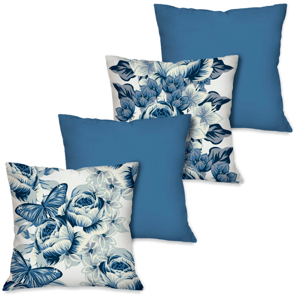 Kit 4 Capas de Almofada Decorativas Azul Vintage Flores Borboletas 45x45 cm