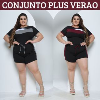 Conjunto Feminino Plus Size Primavera Verão 2 Peças Short Curto e Blusa Manguinha Tamanhos Grandes G1 G2 G3 Tecido Malha