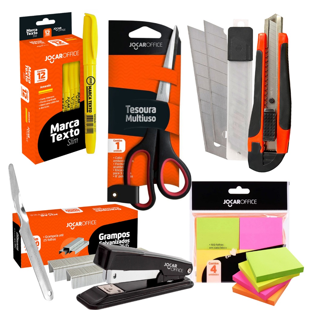 Kit Material Escritório Home Office 8 Itens Tesoura/Grampeador/Marca Texto