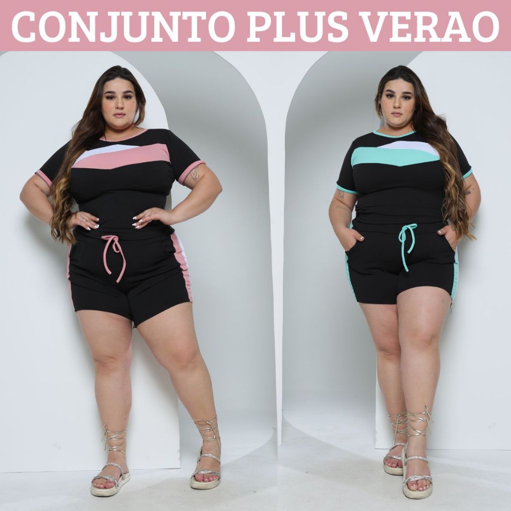 Conjunto Plus Size Feminino Primavera Verão 2 Peças Short Curto e Blusa Manguinha Tamanhos Grandes G1 G2 G3 Tecido
