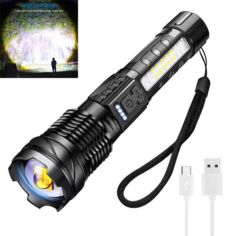 Lanterna LED Recarregável USB 7 Modos de Iluminação com Luz COB Lateral Alta Potência para Camping, Oficina MT111