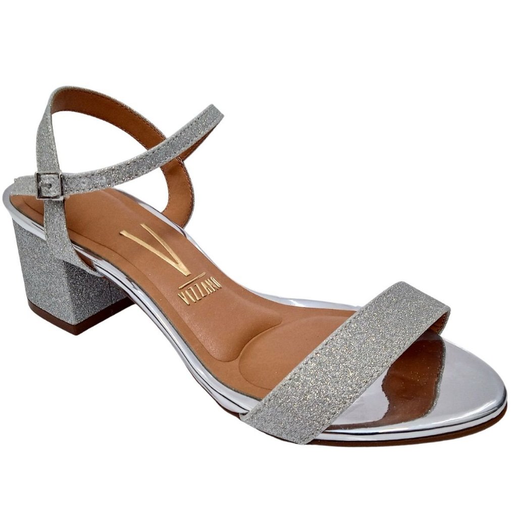 Sandália Feminina Salto bloco Médio Vizzano 6291.900 Prata e Preto Glamour Original