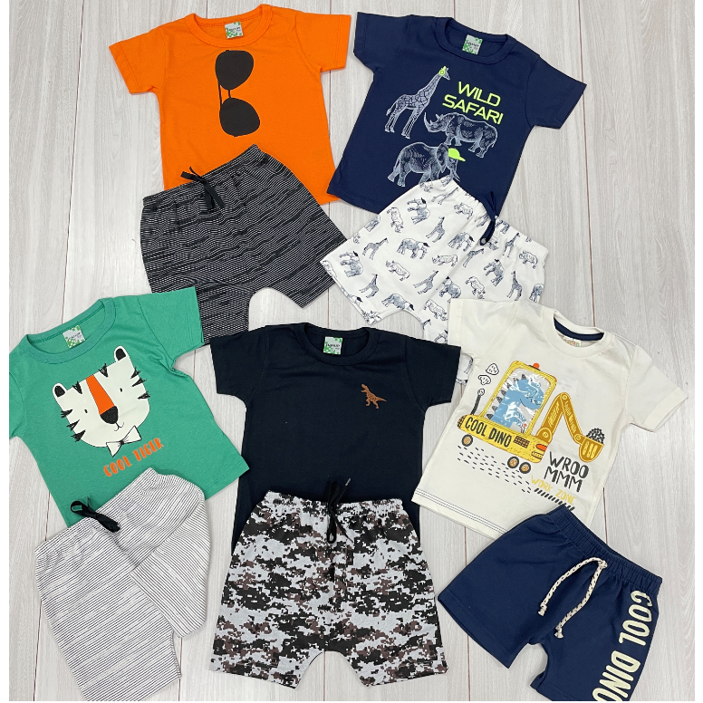 Conjunto Infantil Menino Camiseta e Bermuda Promoção - Conjuntos de Roupa Bebê Menino Infantil Barato Verão 1 ao 3