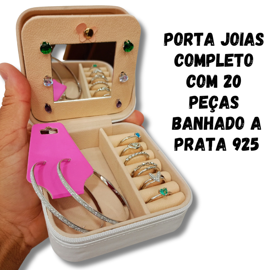 Porta Jóias Mini Com 20 Lindas Peças banhado a Prata 925 Caixa Organizadora De Jóias Para Armazenamento De Anéis / Brincos / Colar