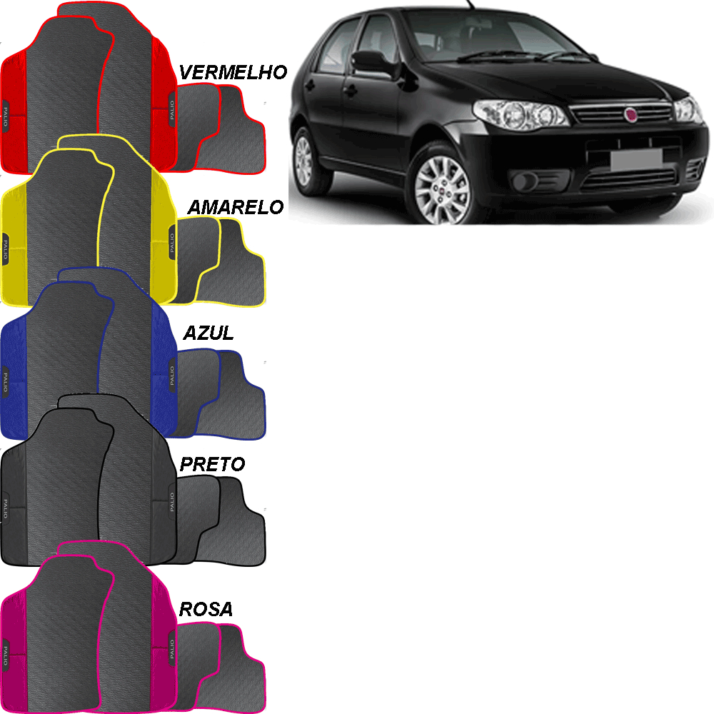 LINDO JOGO TAPETE 4 PEÇAS CARRO AZUL ROSA VERMELHO PRETO AMARELO PALIO G2 2004 A 2016 EMBORRACHADO