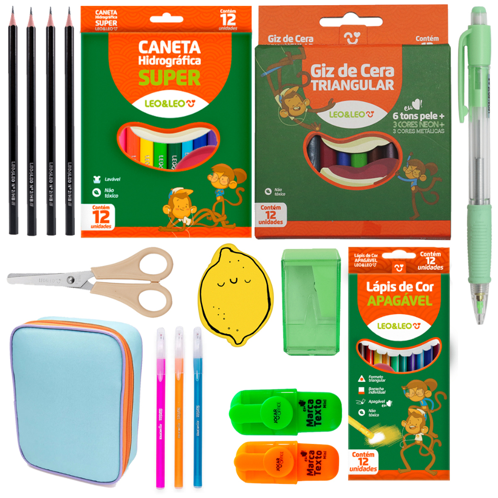 Kit Material Escolar Completo Com Estojo Duplo + Canetinha _ Giz de Cera + Lapis de Cor - Leo e Leo