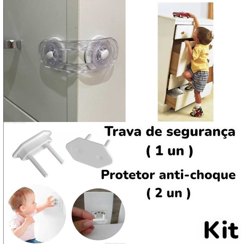 Trava Gaveta Porta Armário Geladeira Segurança Protetor Proteção Infantil Bebe 1 unidade + Protetor de tomada 2 unidades