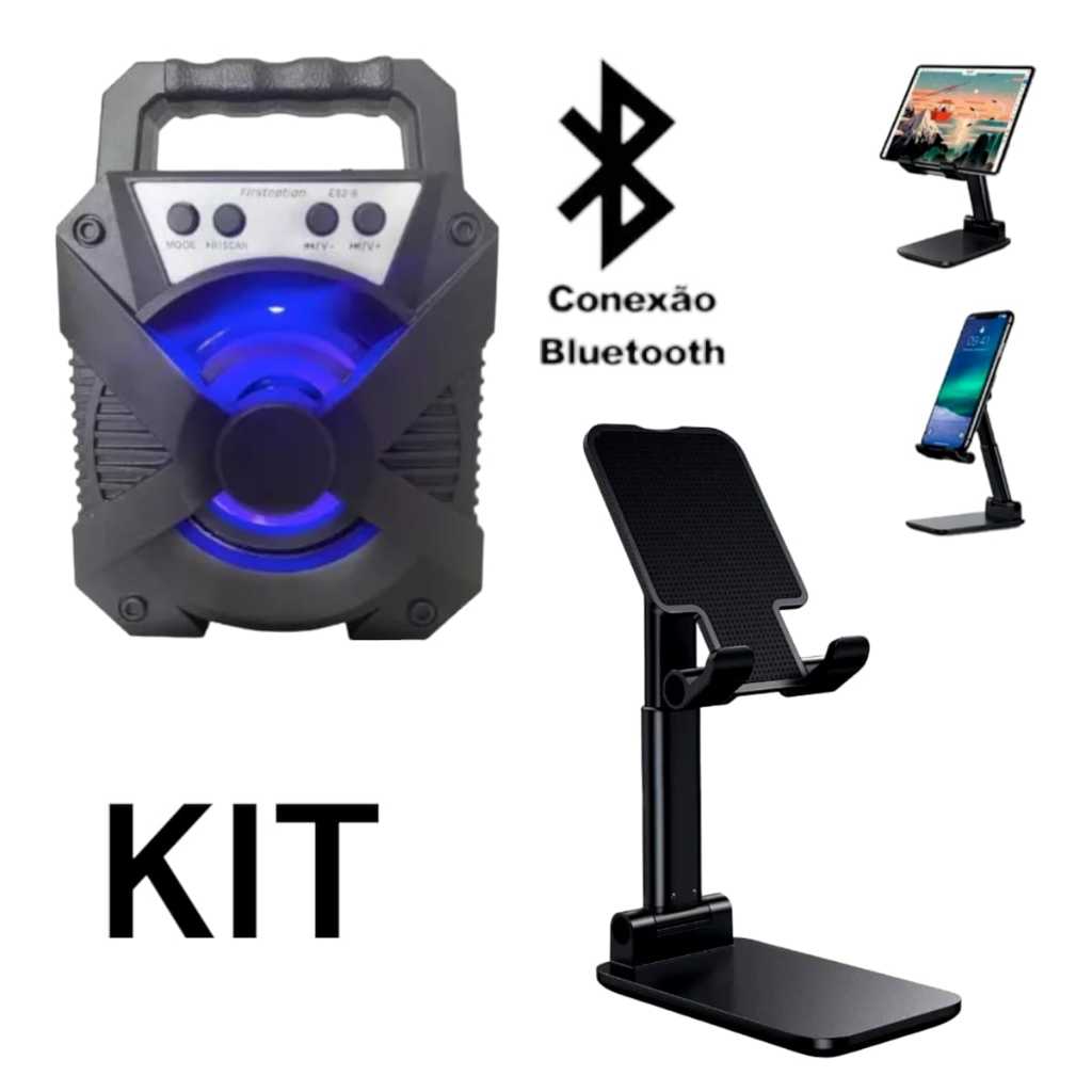 Kit caixa de som portátil + Suporte celular mesa Caixinha de som portátil bluetooth e Suporte de mesa para celular Caixa de som pequena e Suporte de celular para mesa Apoio suporte de tablet