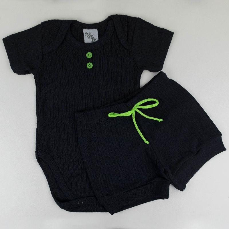 Conjunto kit body manga curta verão menino em ribana canelada com detalhes em botões coloridos