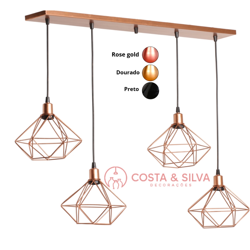 4 Pendente Diamante Aramado Quatro Luminária Canopla Única Lustre de Teto