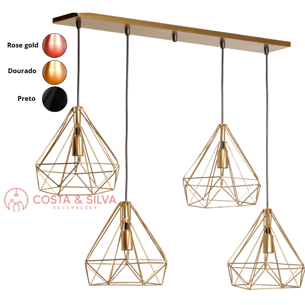 4 Pendente Diamante Aramado 3d Grande Triplo Luminária Canopla Lustre De Teto Estilo Industrial