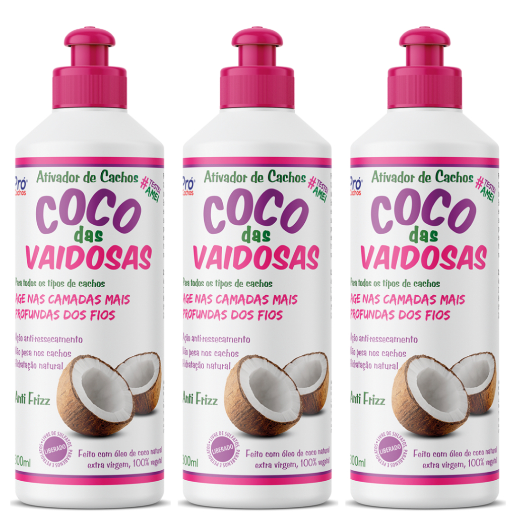 Kit com 3 potes de Ativador de cachos - coco das vaidosas - 300 ml