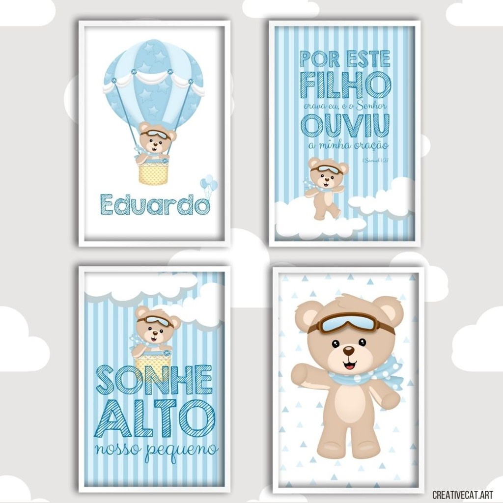 Kit Quadrinhos Quarto Menino 4 Peças Sonhe Alto Meu Menino Ursinho Baloeiro