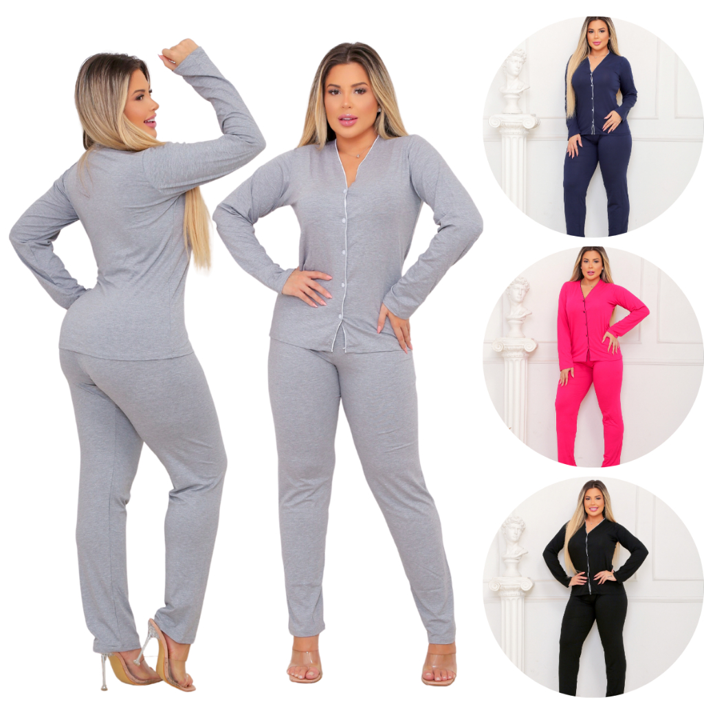 Pijama Audlto Conjunto Blusa Manga Longa Botão Calça Inverno em Oferta na Shopee