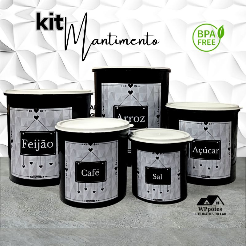 Kit Mantimento Preto e Branco Conjunto 5 peças para Arroz, feijão, açúcar, café e sal Cozinha Preto com Tampa Branca